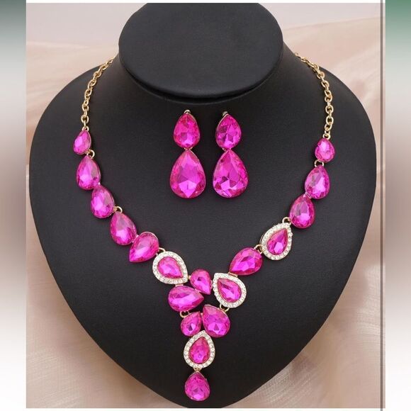 Wedding Bridal Teardrop Austrian Crystal Statement Necklace Gold Plated Set - Picture 1 of 7